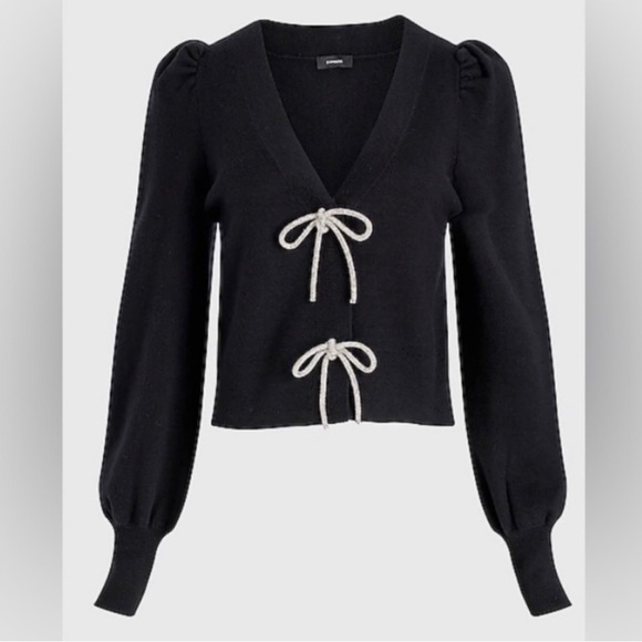 NWT Express Sparkle Bow Cardigan SOLD OUT Puff Sleeve Black XL - Picture 3 of 15